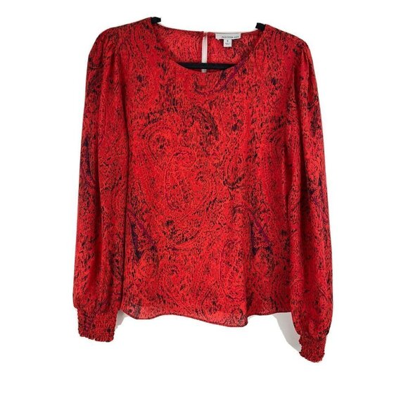 Allison Joy Womens Blouse Size S Red Black Smocked Sleeve Top - Picture 1 of 7